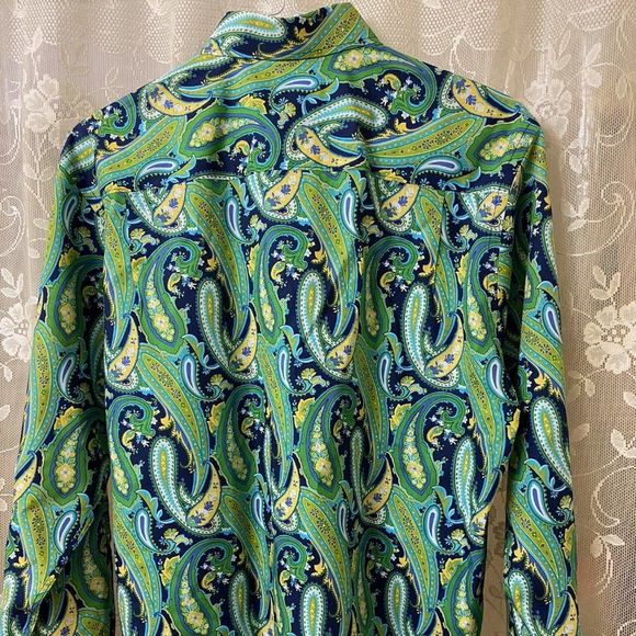 Designer Alan Flusser Vintage Blue Green Yellow Paisley Cotton Shirt Medium - Picture 10 of 10